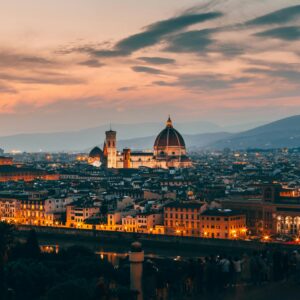 Breathtaking view of Florence's iconic skyline, featuring the cathedral, captured at twilight.